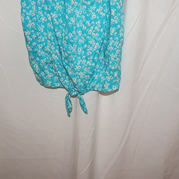 SO Cropped Top Light Blue Floral Size Tie Front otton Soft Ruffle Sleeves - Picture 5 of 11